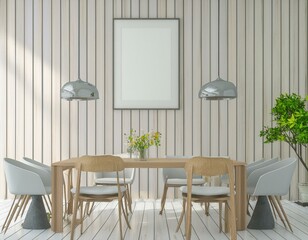 Mockup poster frame in dining room interior and accessories with white wooden slatted wall background- 3D rendering