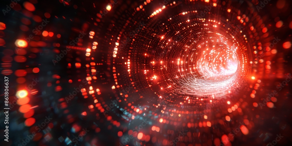 Poster explore a mesmerizing red particle tunnel in the vastness of space, ideal for scifi and cosmic desig