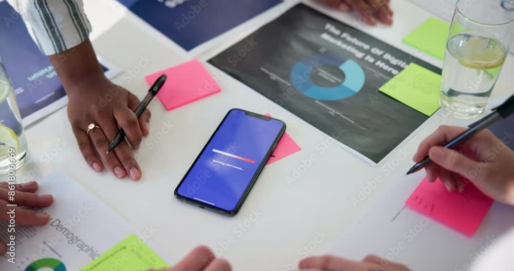 Poster business meeting, people and hands with application on phone for software, development and display. 