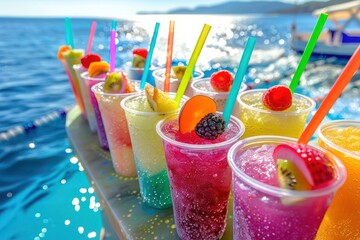 A collection of colorful slushies in clear cups, each topped with fresh fruit and vibrant straws, displayed on a poolside bar with a view of the sparkling water and clear blue sky.