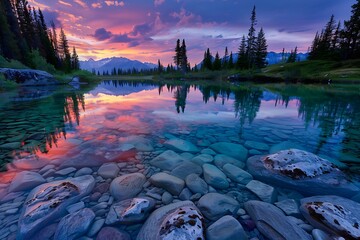 The prismatic reflections on a crystal-clear lake at dawn