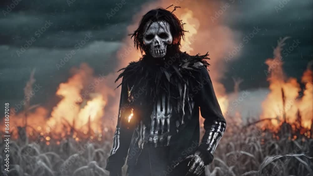 Wall mural skeletal scarecrow in burning cornfield 4k loop features an a.i. generated video of a scarecrow crea
