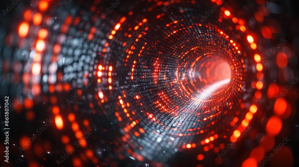 Poster explore a mesmerizing red particle tunnel in the vastness of space, ideal for scifi and cosmic desig