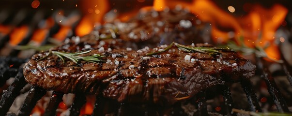 A piece of meat is being cooked on a grill, with a lot of smoke coming off of it. The meat is seasoned with salt and pepper, and there are some herbs on top of it. Free copy space for text.