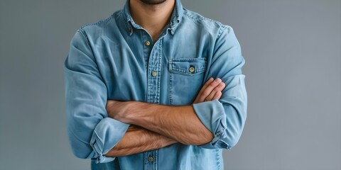 Person with crossed arms showing defensiveness in nonverbal communication during conversation. Concept Nonverbal Communication, Body Language, Defensiveness, Crossed Arms, Conversation