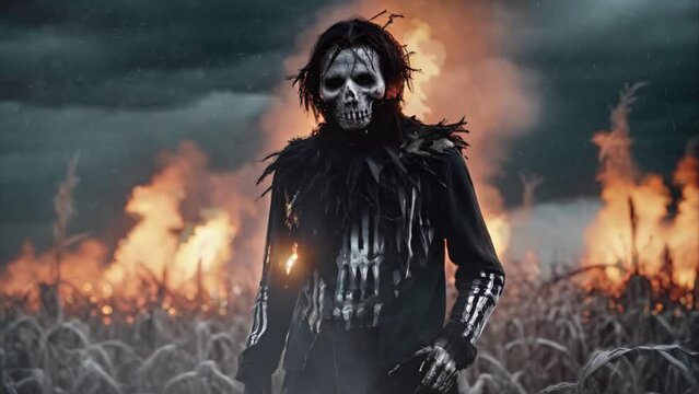 Skeletal Scarecrow in Burning Cornfield 4K Loop features an A.I. Generated video of a scarecrow creature with a skeletal face and body in a burning cornfield with fire and smoke.