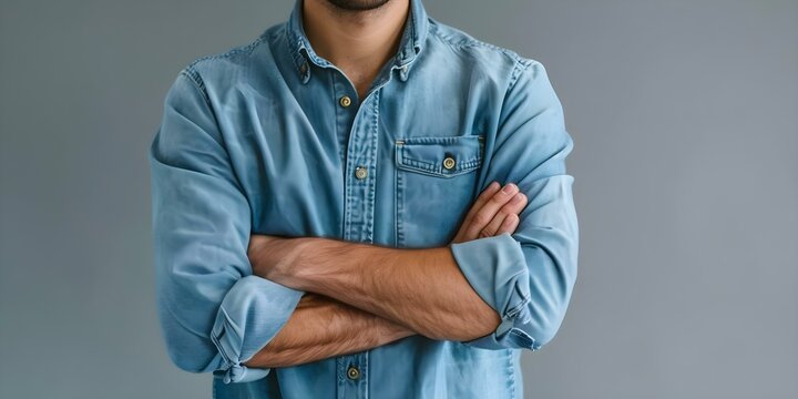 Person with crossed arms showing defensiveness in nonverbal communication during conversation. Concept Nonverbal Communication, Body Language, Defensiveness, Crossed Arms, Conversation