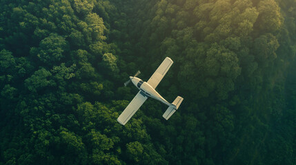 Top view of a small private plane flying over the green forest or jungle.