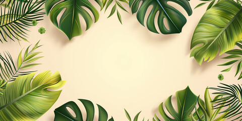 Elegant summer sale banner with tropical leaf theme on beige background. Free space for product placement or advertising text.