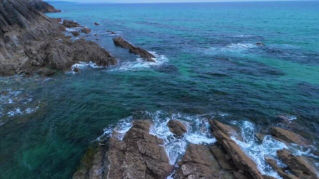 Coastal landscape on the Tagle coast in El Sable. Aerial view from a drone. Arnuero Municipality. Cantabrian Sea. Cantabria. Spain. Europe