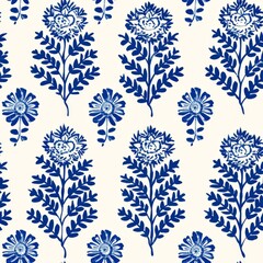 Elegant seamless blue floral damask pattern on white background, perfect for textile, wallpaper designs.