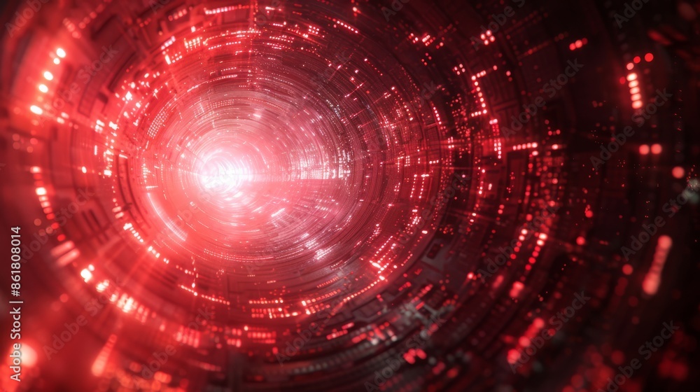 Poster explore a mesmerizing red particle tunnel in the vastness of space, ideal for scifi and cosmic desig