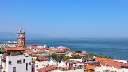 Mexico, panoramic view of Puerto Vallarta near sea promenade Malecon, beaches and historic center.