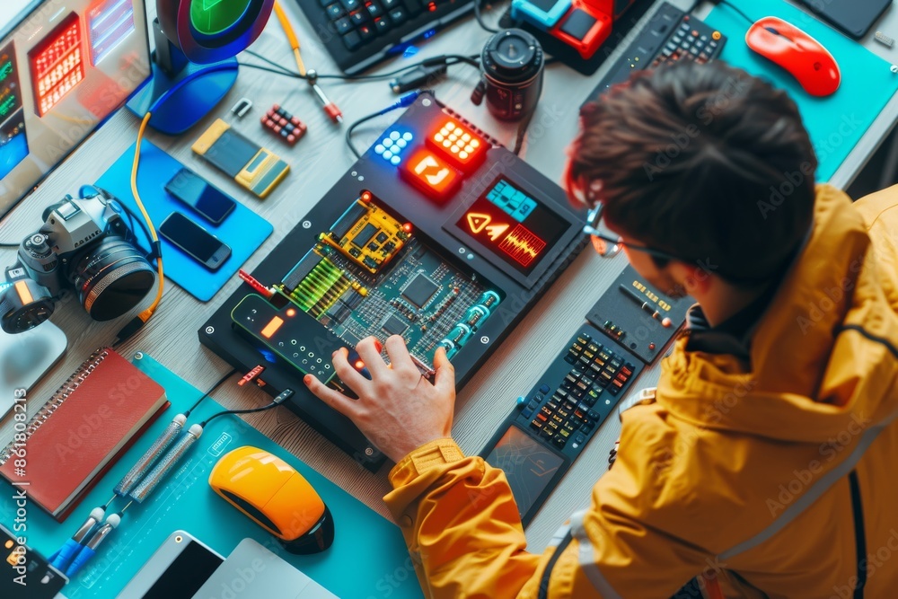 Aufkleber person working on ai interface with colorful elements representing technological innovation and conn