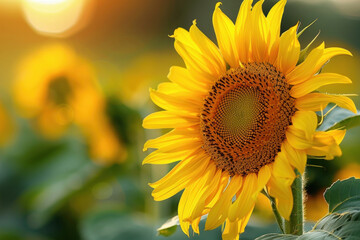 Obraz premium Golden Sunflower Blooming in a Sunlit Field at Sunset