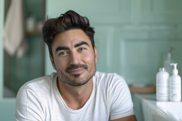A young Latino man with styled hair smiling and using skincare lotion in a bathroom