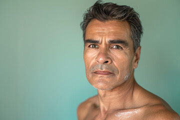 A serious Latino man applying facial cream, focused on his skincare routine