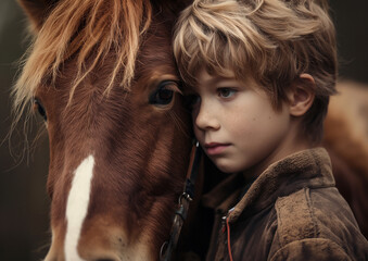 Heartwarming close-up portrait of a young boy and his horse, sharing a tender moment of connection and trust in an outdoor setting, capturing the bond between child and animal in soft, natural light

