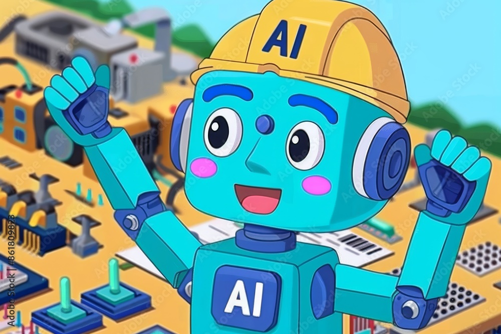 Poster cute ai robot on circuit board representing technological innovation and connectivity