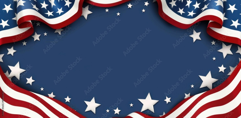 Poster background for web design, blue color with white stars on the right and left sides of the stripes in