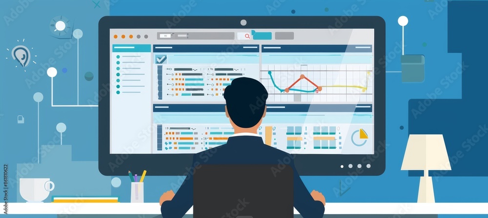 Poster remote team leader managing projects with advanced software and digital screens