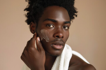 Obraz premium Young African American man applying facial lotion, towel over shoulder