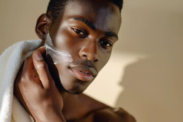 African American man applying skincare lotion, contemplative expression