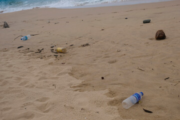 garbage on the beach, by the sea. Environmental pollution, ecology