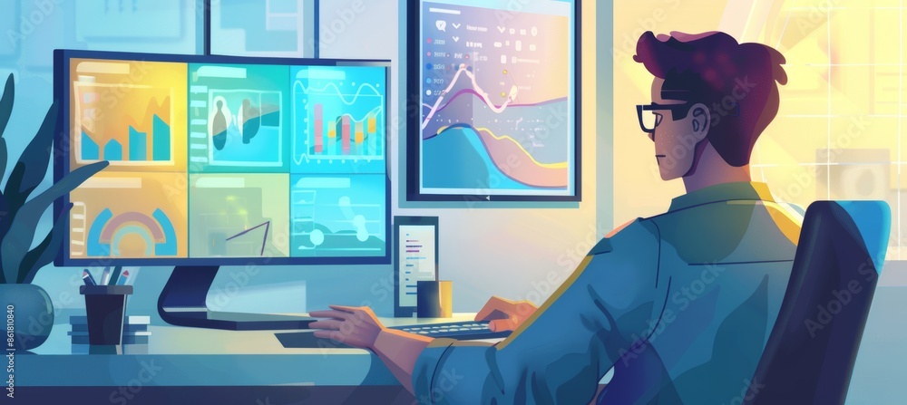 Poster remote leadership: reviewing team performance metrics with detailed graphs and charts for effective 