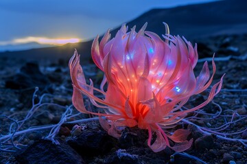 The radiant bloom of an alien plant, its bioluminescence lighting up an extraterrestrial landscape