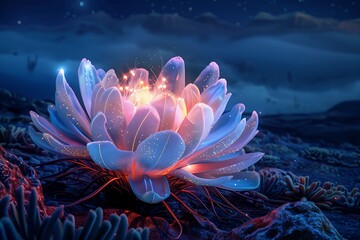 The radiant bloom of an alien plant, its bioluminescence lighting up an extraterrestrial landscape