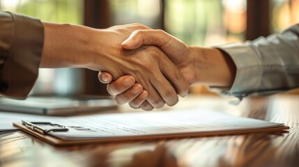 Close-up of two people shaking hands over a clipboard, symbolizing a business agreement or partnership in a professional environment.