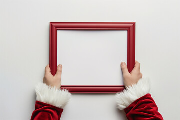 Santaclus hangs a red frame on the wall