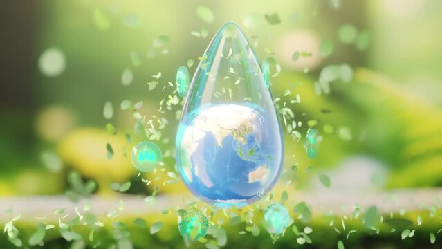 A vibrant image depicting Earth inside a water droplet surrounded by green leaves and eco-friendly icons, symbolizing environmental sustainability.