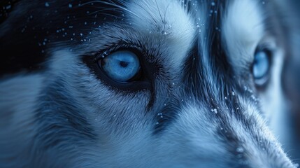 Close-up portrait of a husky's piercing blue eyes, with water droplets on its fur.