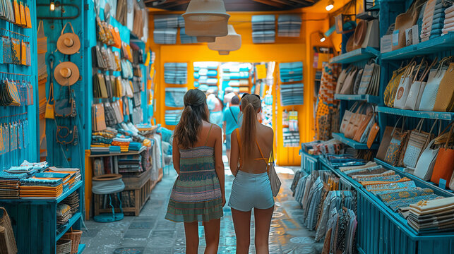 two girls in local gift shop / small market with souvenirs; turists buying summer items localy; small buissnes; inside small store
