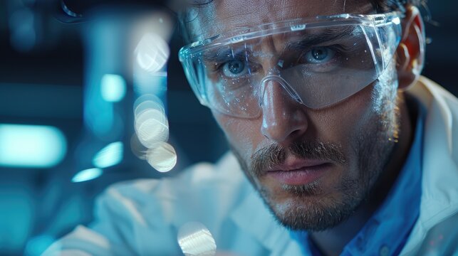 Close-up portrait of a focused scientist wearing safety goggles in a laboratory setting.