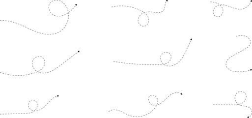 Hand drawn dotted arrows. Hand drawn freehand different curved lines, swirls arrows. Curved arrow line. Doodle, sketch style. Isolated Vector illustration.