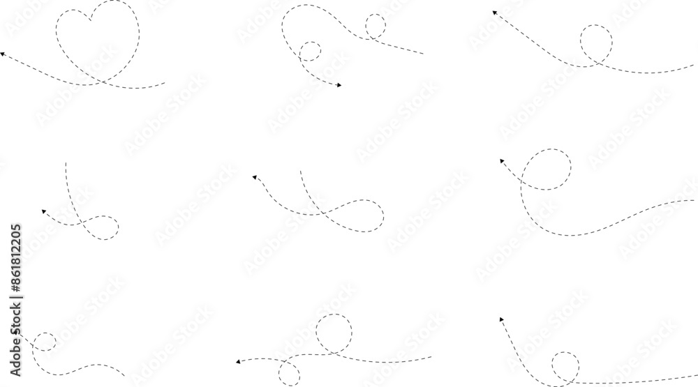 Poster Hand drawn dotted arrows. Hand drawn freehand different curved lines, swirls arrows. Curved arrow line. Doodle, sketch style. Isolated Vector illustration.