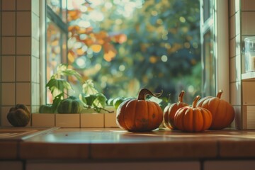 Obraz premium pumpkins on the table next to a window with day light