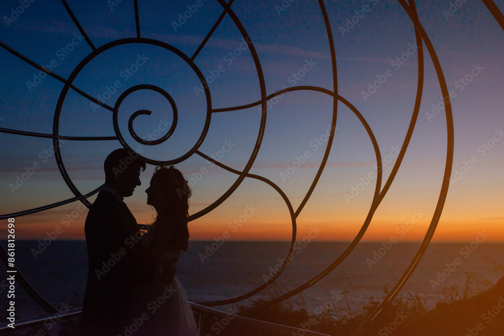 Wall mural portrait of groom and bride on a steel structure