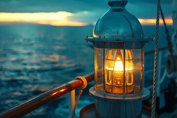 The radiant glow of a distant lighthouse seen from a ship at sea
