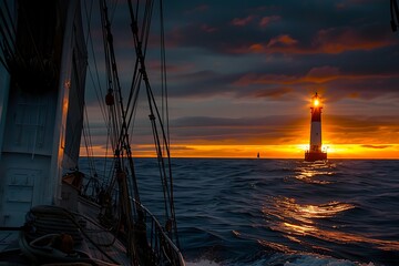 The radiant glow of a distant lighthouse seen from a ship at sea