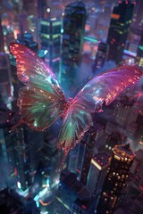 Glowing butterfly in a cyberpunk city for futuristic or fantasy designs