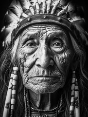 Obraz premium Black and white close-up of an elderly Native American chief wearing a feathered headdress highlighting deep wrinkles and wisdom