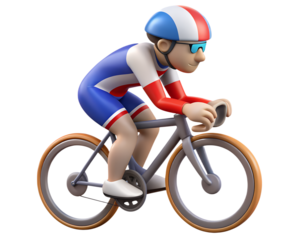 A 3D animated cyclist in a red, white, and blue racing suit rides a bicycle with determination. The cyclist is wearing a helmet and sunglasses, and the background is a bright white