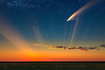 The radiant path of a comet as it streaks across a twilight sky