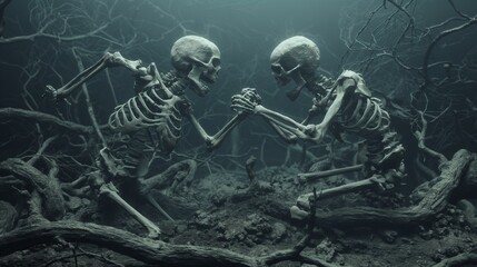 Eerie Skeletal Figures in Misty Gothic Landscape, Dark Fantasy Haunting Atmosphere