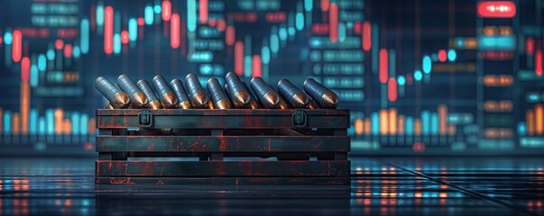 A visually intriguing image that shows a collection of bullets in rustic containers set against a backdrop of a vibrant financial graph, symbolizing the intersection of commerce and defense.