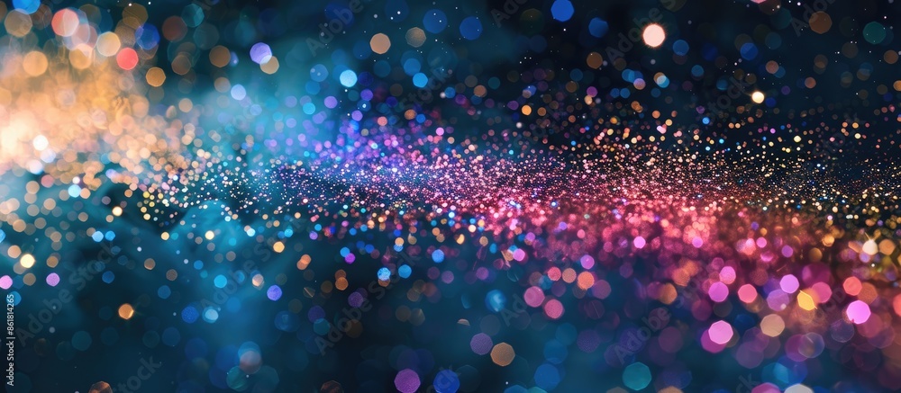 Poster Vibrant multicolor glitter texture dispersing in midair to form an abstract powder splattered background, captured in a freeze motion with copy space image available.